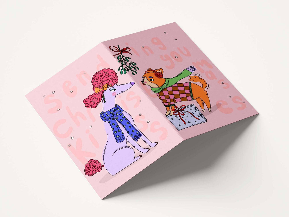 Dogs Kissing Under Mistletoe Christmas Card
