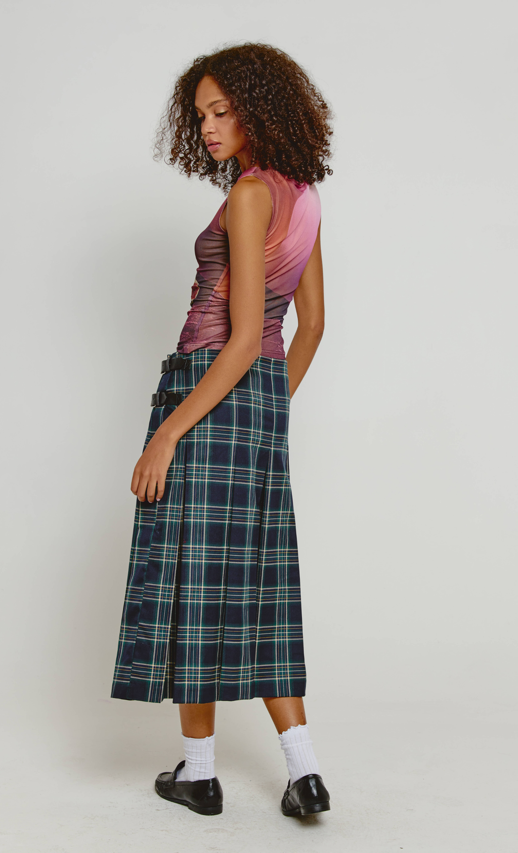 Navy Tartan Kilt Midi Skirt