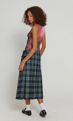 Navy Tartan Kilt Midi Skirt