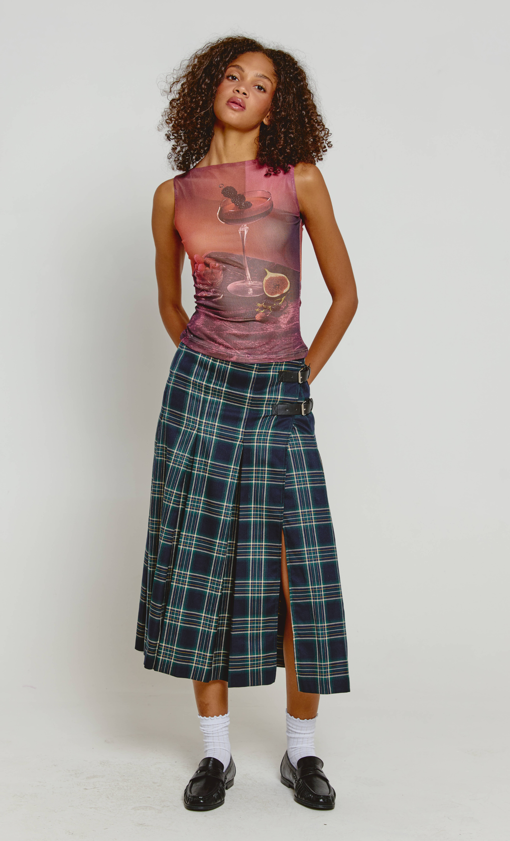 Navy Tartan Kilt Midi Skirt