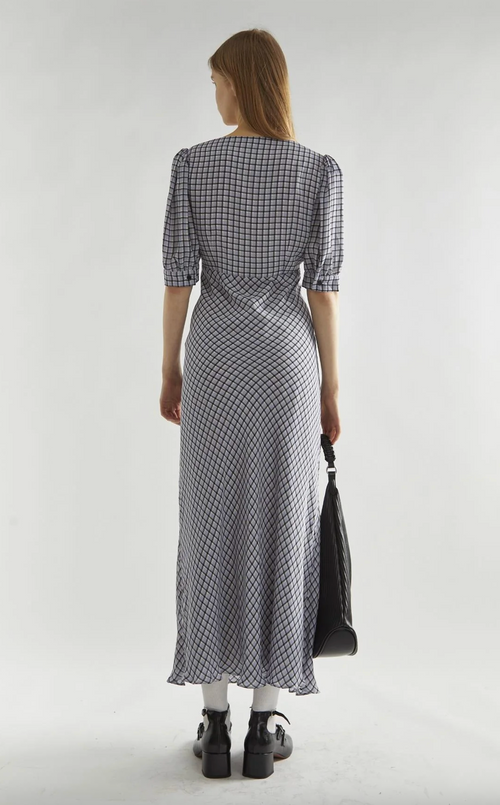Blue Checked V Neck Tea Dress
