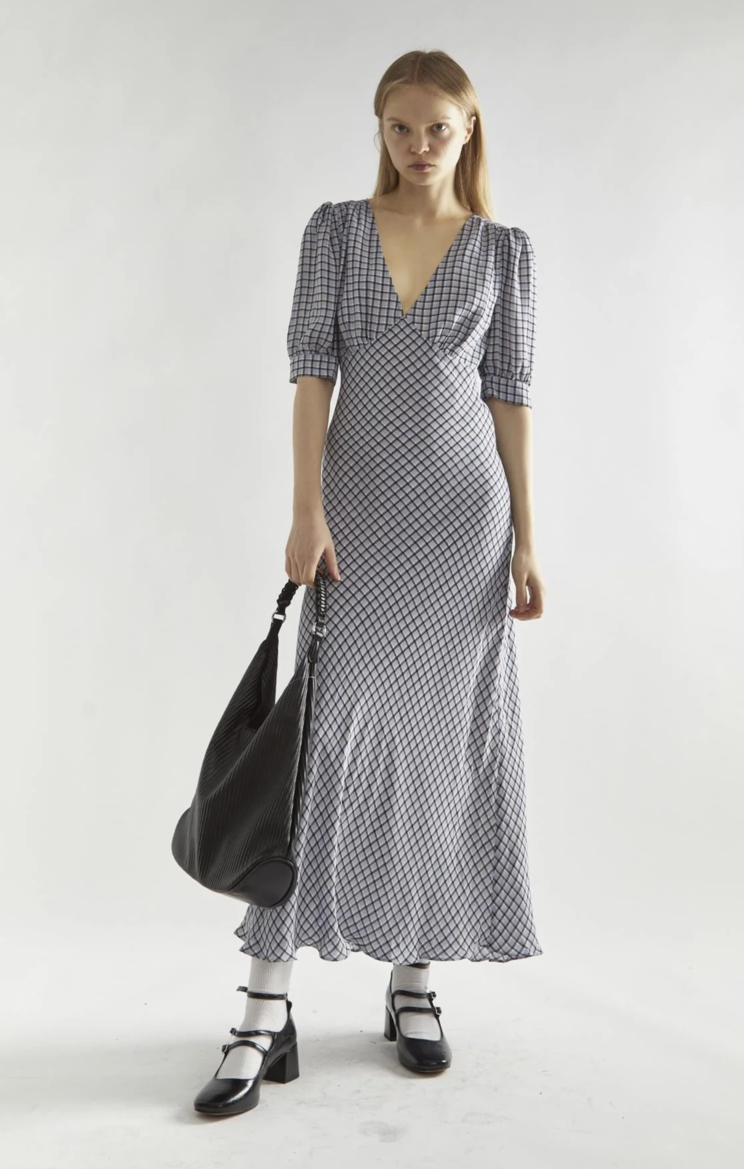 Blue Checked V Neck Tea Dress
