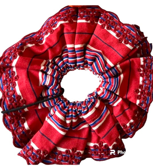 Embroidered Red Stripe Scrunchie