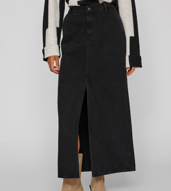Long Black Slit Denim Skirt