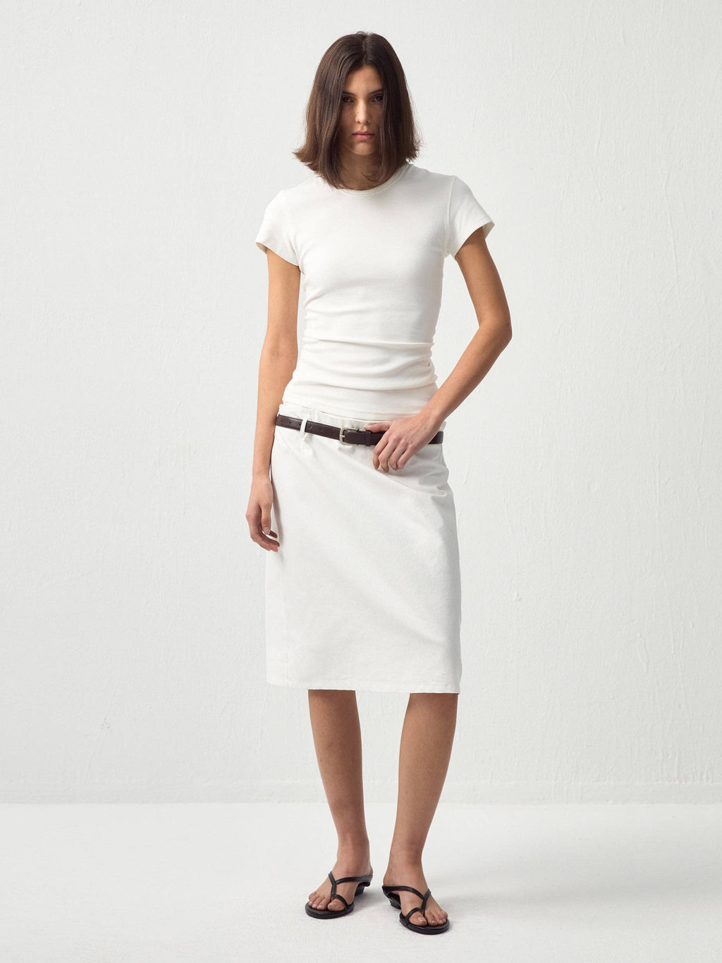 Double-Waist Straight Midi Skirt: White / M