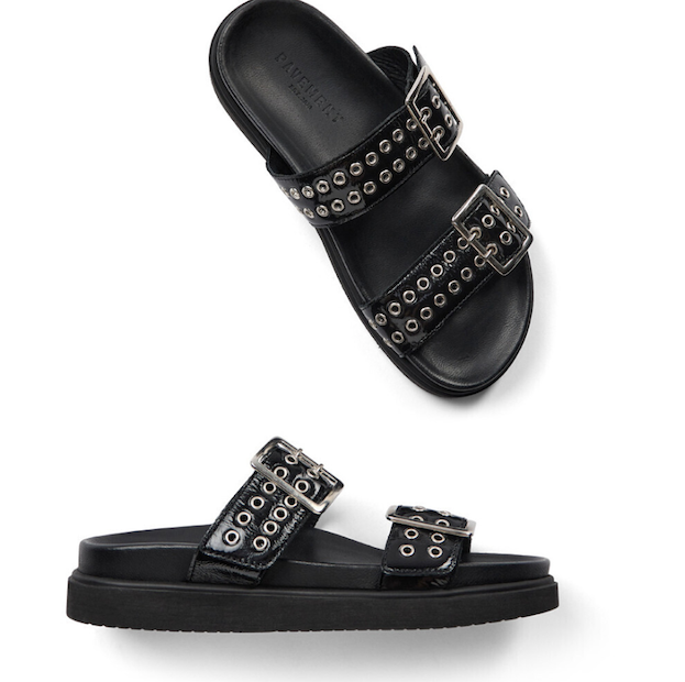 Black Patent Buckle Mule
