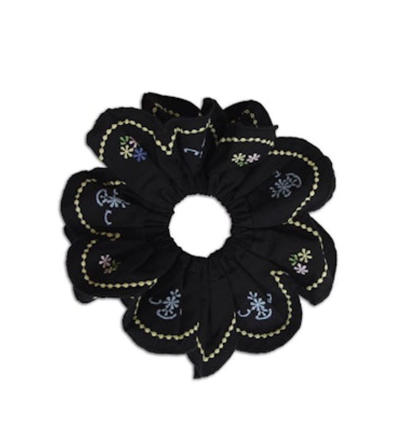 Embroidered Black Scrunchie
