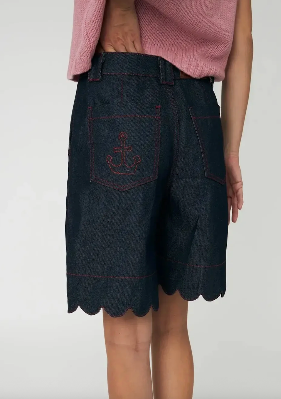 Denim Anchor Scalloped Shorts