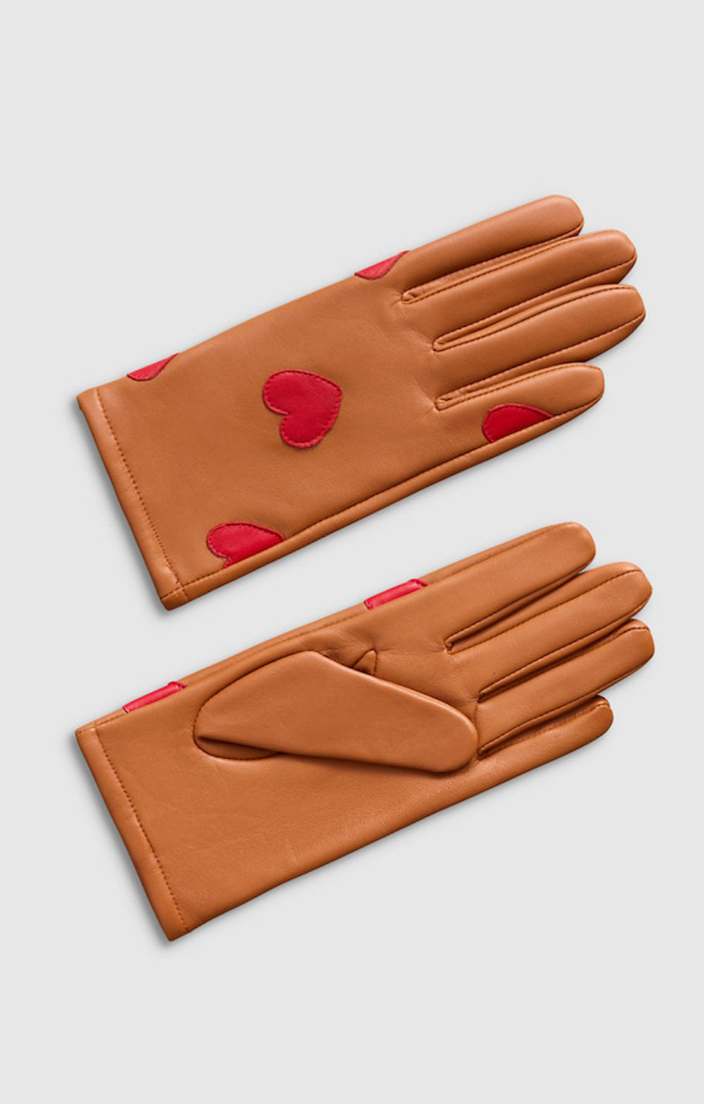 Tan Red Hearts Leather Gloves