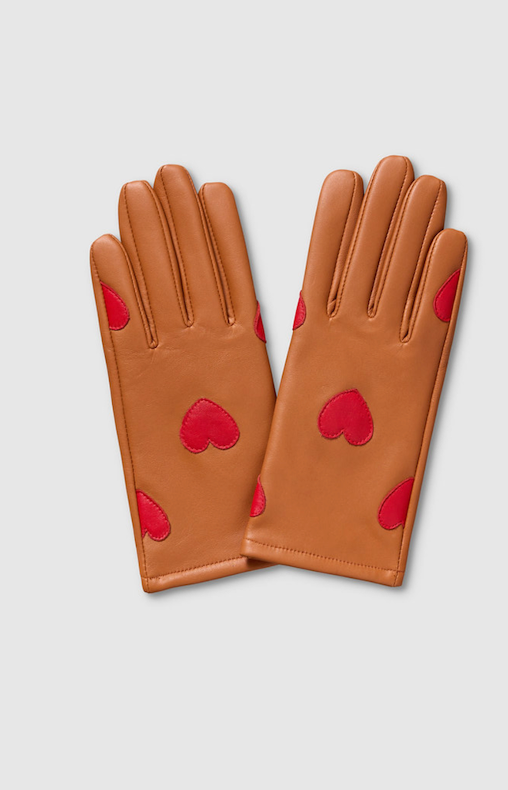 Tan Red Hearts Leather Gloves