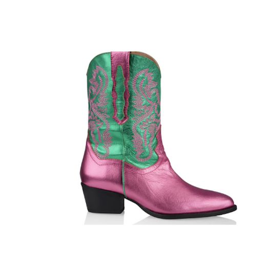 Fuchsia/Green Leather Western Boots